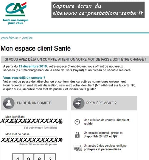 connexion sur le site www.ca-prestations-sante.fr