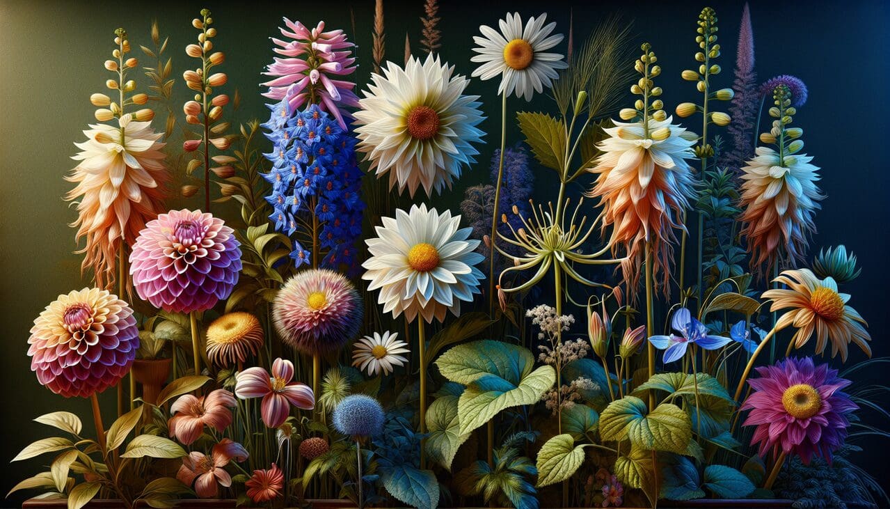 Afficher : Végétaux en D avec dahlias, pissenlit, delphiniums, dracaena, daphnés et marguerites.
