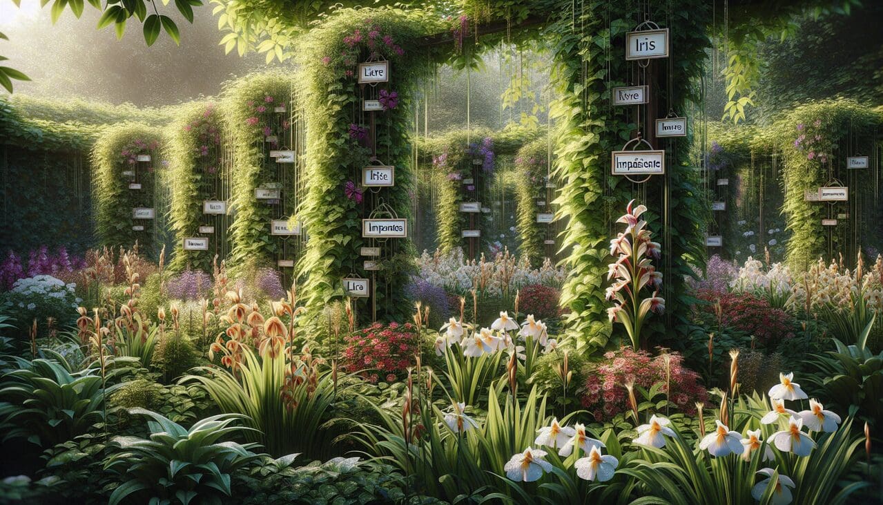 Végétaux en I dans un jardin botanique luxuriant, étiquetés en français avec soin.
