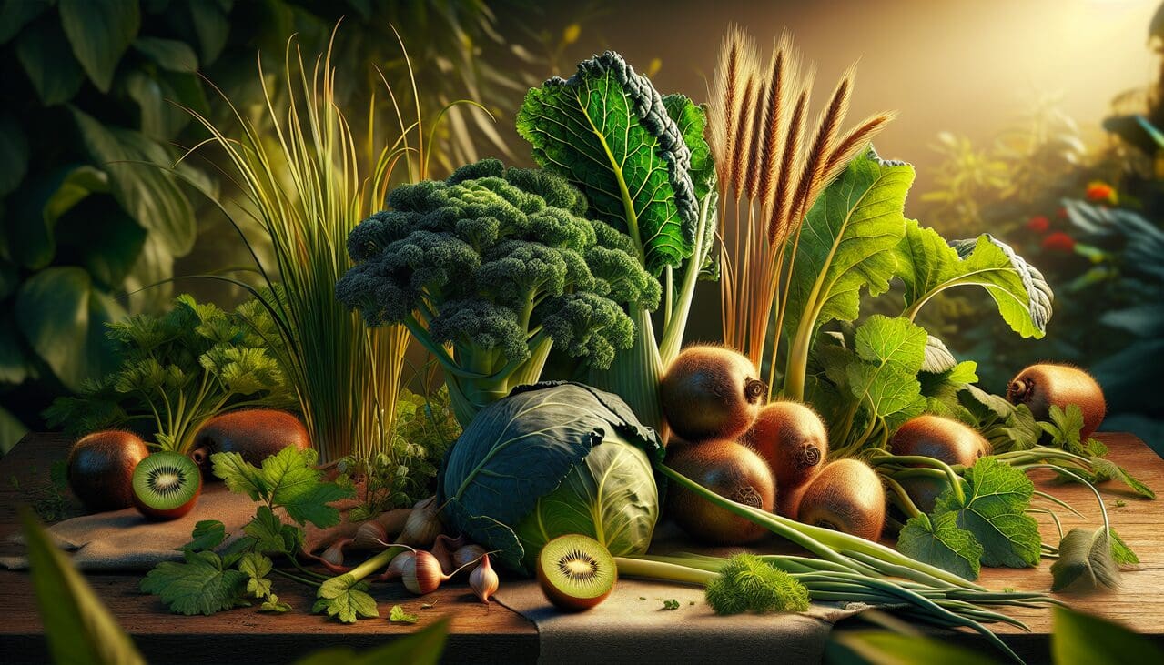 Végétaux en K, kale, kiwifruit, kohlrabi, kentucky bluegrass dans un jardin vibrant et diversifié.