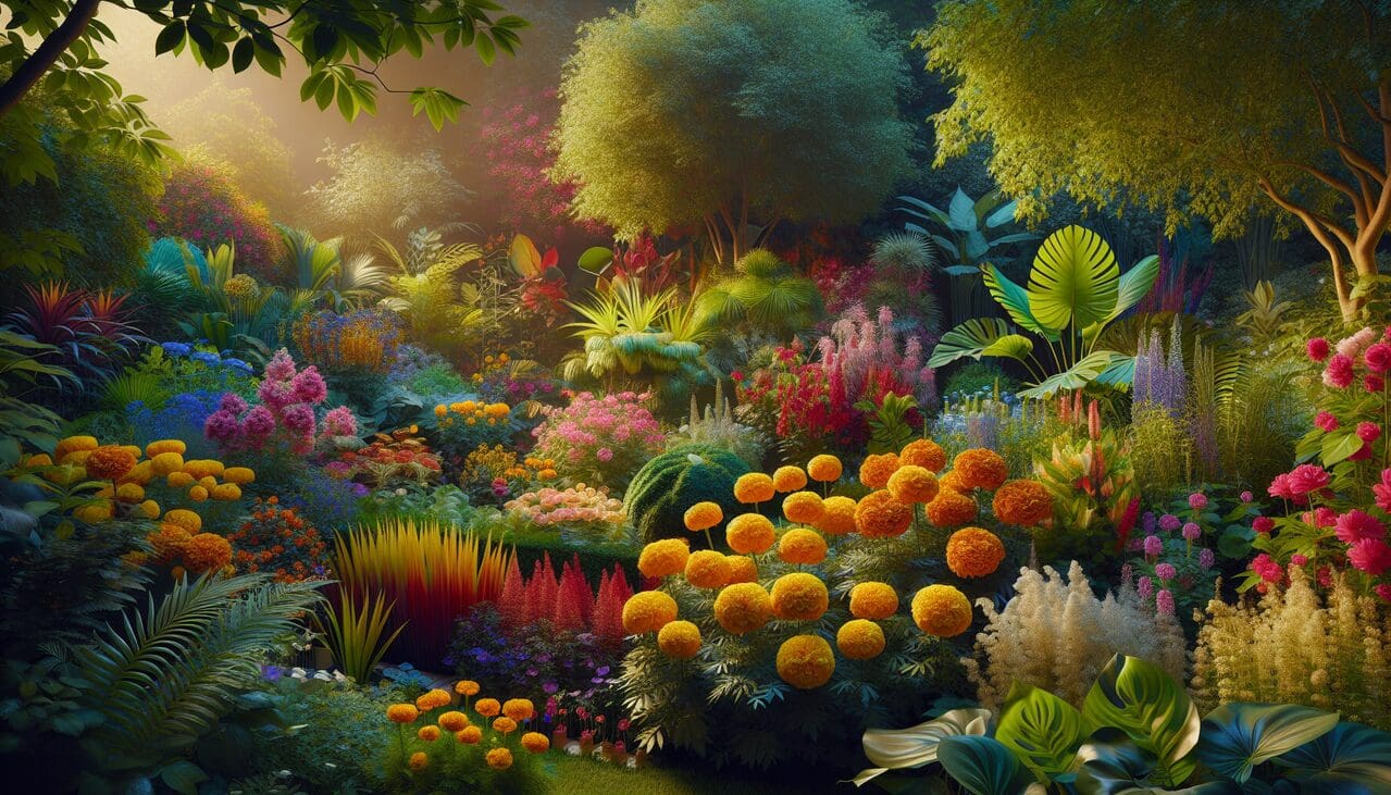 Diversité végétale : Marigolds, mimosas, monstera. Texture détaillée, couleurs vibrantes, fond flou.