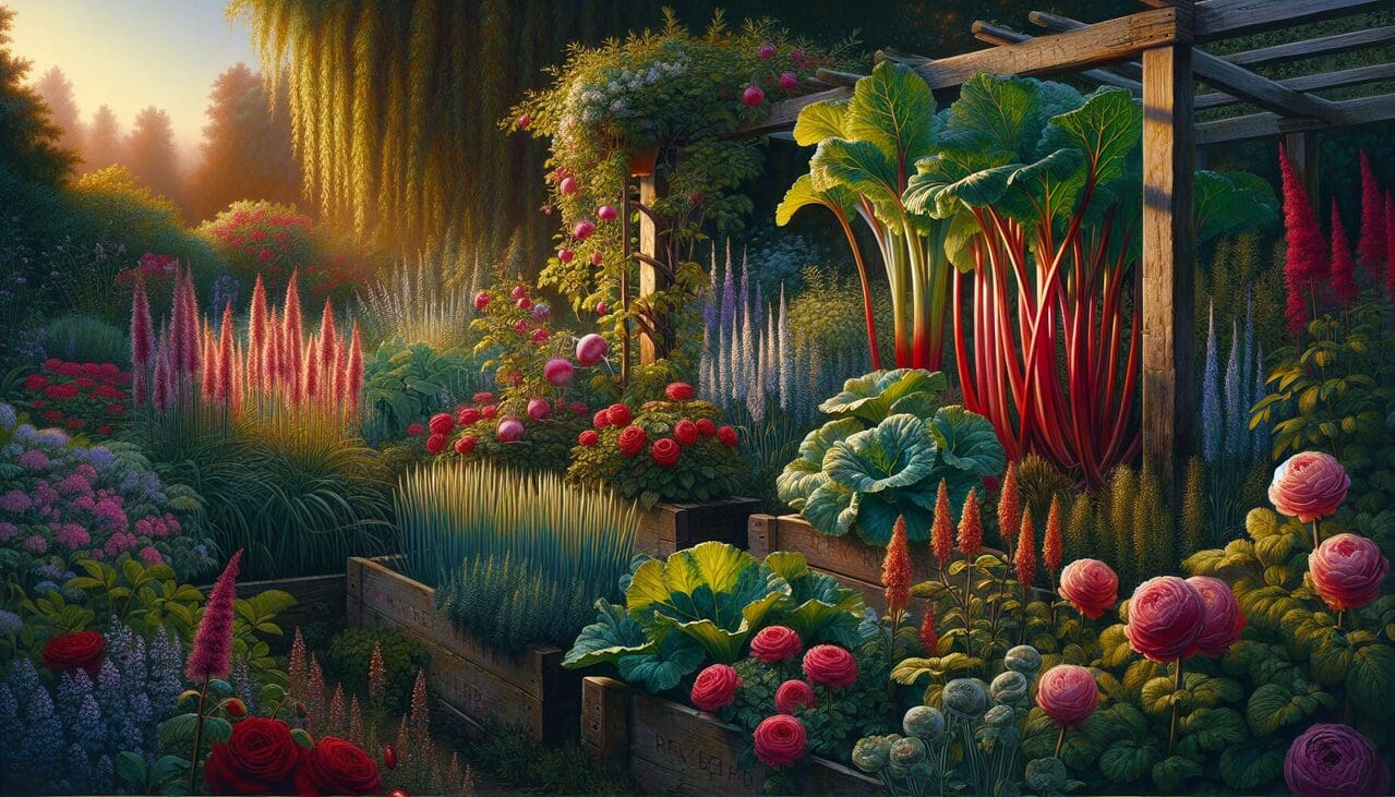 Plantes R: radis rouges, rhubarbe verte et rose, romarin fleuri, seigle doré, roses rouges.