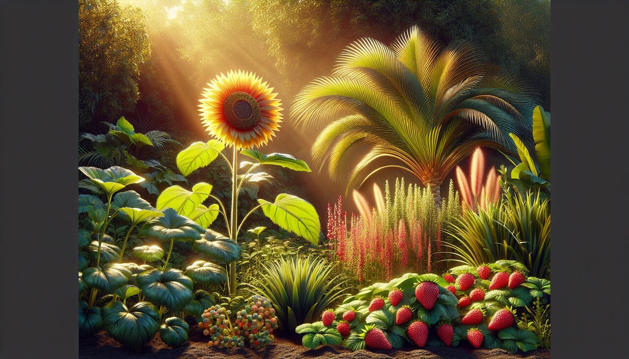 Illustration botanique : plantes commençant par S - tournesol, sagoutier, fraisiers, réunies dans un jardin ensoleillé.
