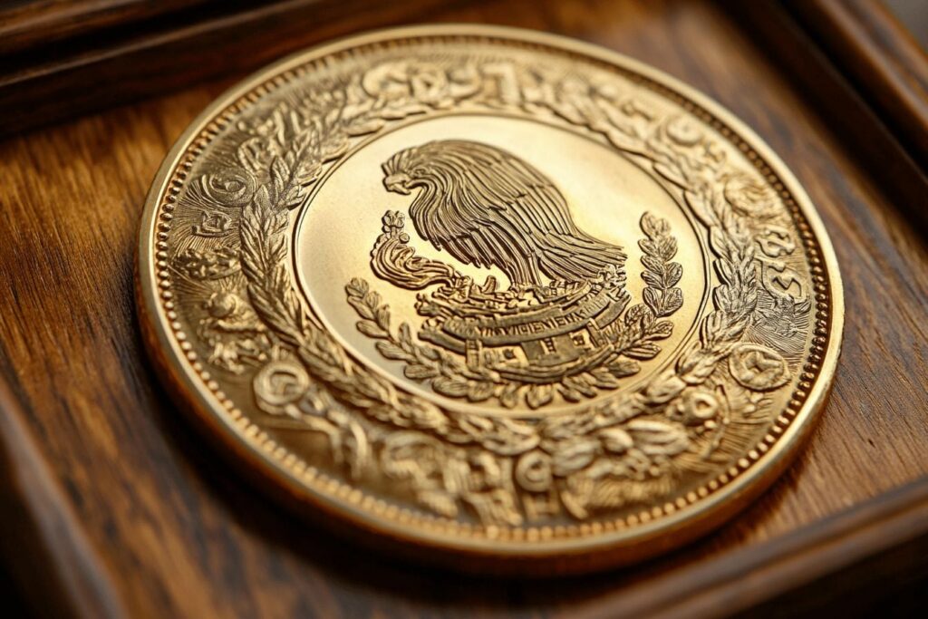 Pièce d'or 50 pesos mexicaine Centenario montrant la Victoire ailée et les deux volcans